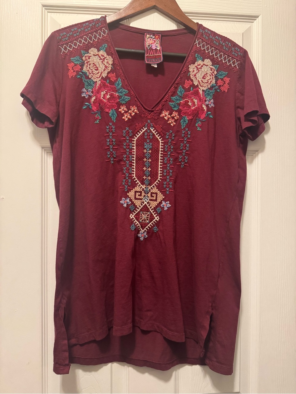 Johnny Was Embroidered Tunic Top in Maroon